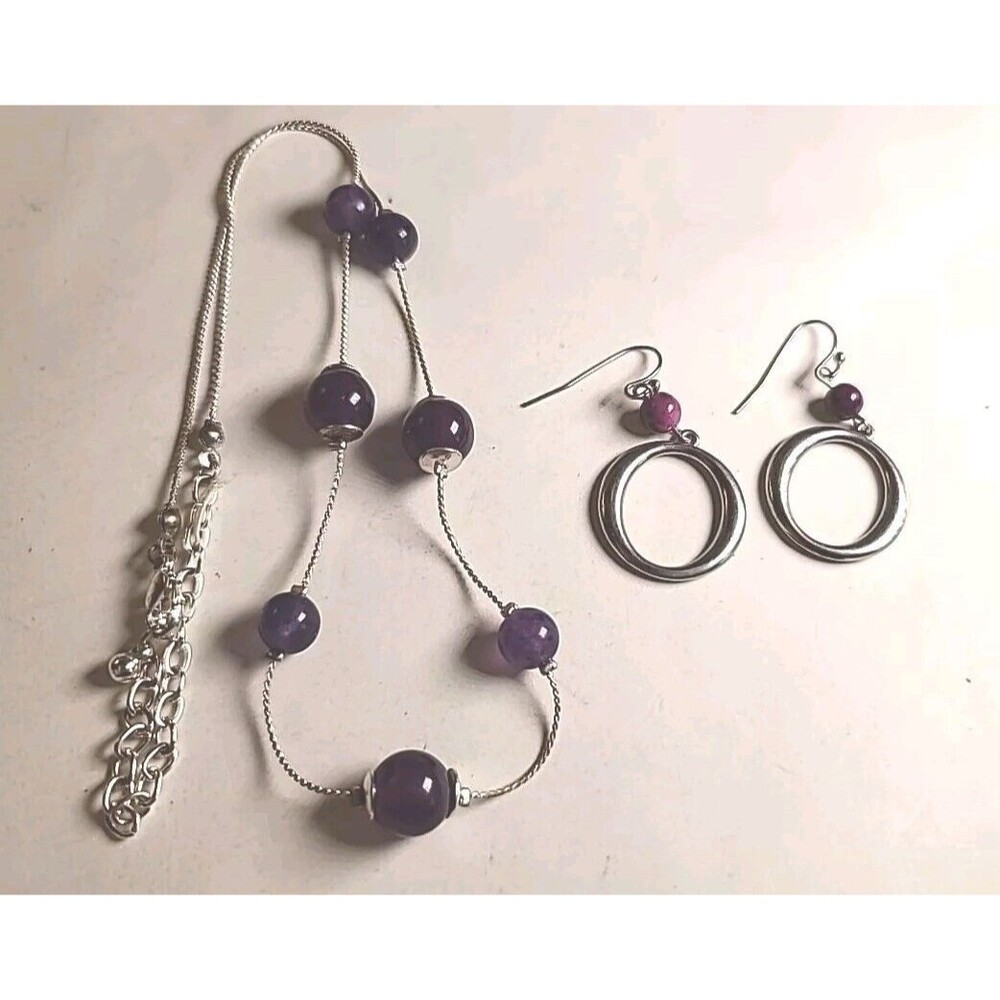 Vintage Purple & Silvertone 18" Necklace And Matching Earrings Jewelry Set